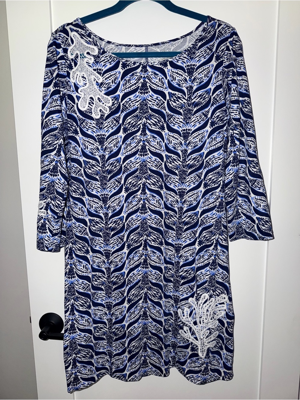 Lilly Pulitzer Navy and White Printed Shift Dress with Lace Accents